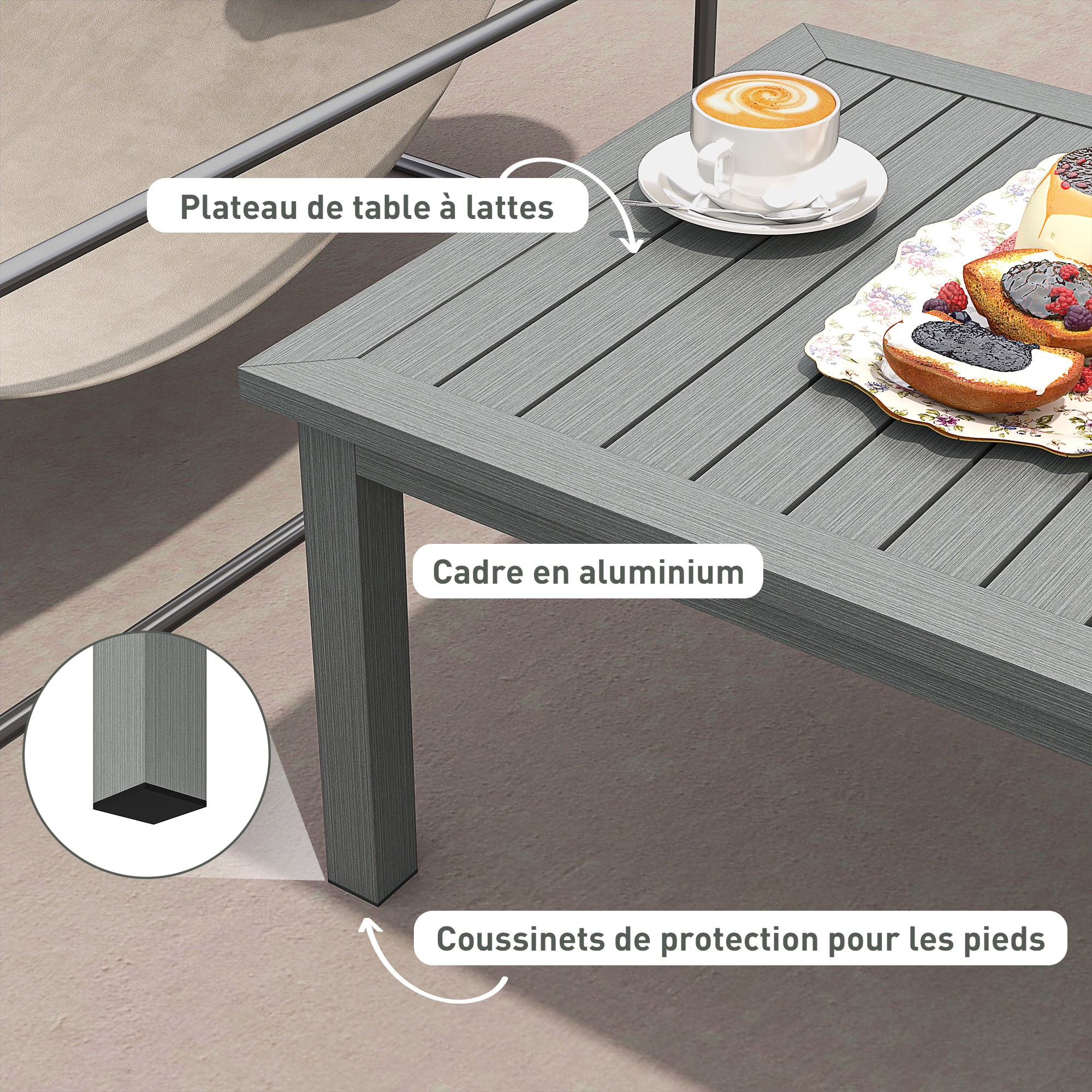 Table basse rectangulaire de jardin plateau lattes 100 x 60 x 37 cm alu effet bois gris