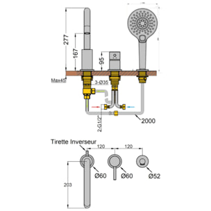 Mitigeur bain douche mécanique 3 trous + douchette 3 jets PAINI Cox chromé