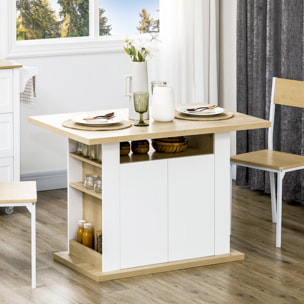 Isla de Cocina, para 4-6 Personas, Mueble de Cocina con 4 Puertas, Compartimentos Abiertos, Estante Ajustable, 110x70x75,5 cm, Roble y Blanco