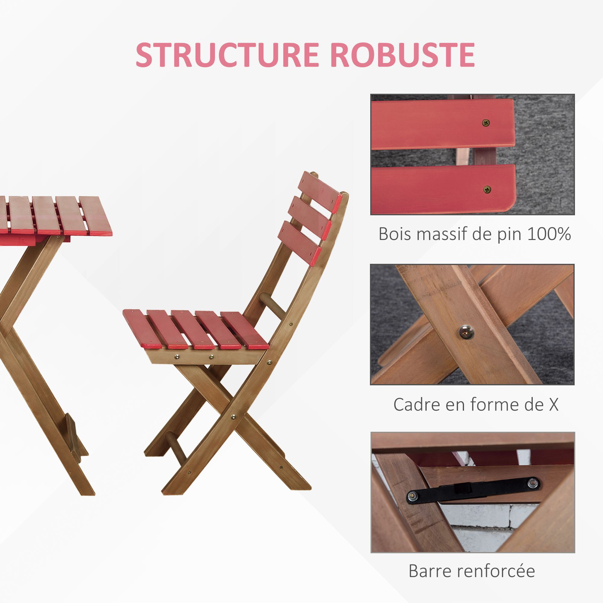 Ensemble bistro de jardin 3 pièces pliantes style colonial 2 chaises + table bois pin pré-huilé peint rouge