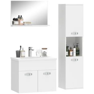 Conjunto de Muebles de Baño de Pared de 4 Piezas con Lavabo Cerámico, Espejo con Estante, Mueble Bajo Lavabo y Columna de Baño, Estilo Moderno, Blanco