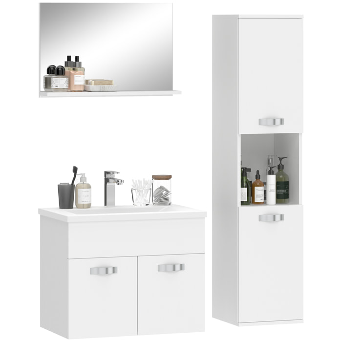 Conjunto de Muebles de Baño de Pared de 4 Piezas con Lavabo Cerámico, Espejo con Estante, Mueble Bajo Lavabo y Columna de Baño, Estilo Moderno, Blanco
