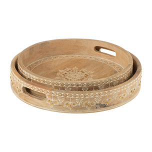 J-Line Set 2 Plateaux 2 Anses Perles Bois De Manguier Naturel/Blanc