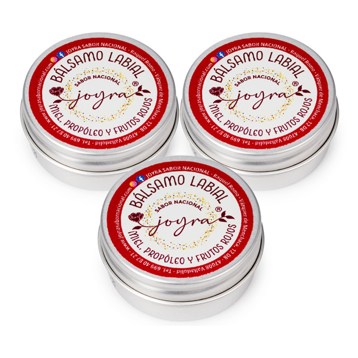 Pack de 3 Bálsamos labiales con miel y propóleo. Sabor a frutos rojos, 10gr.