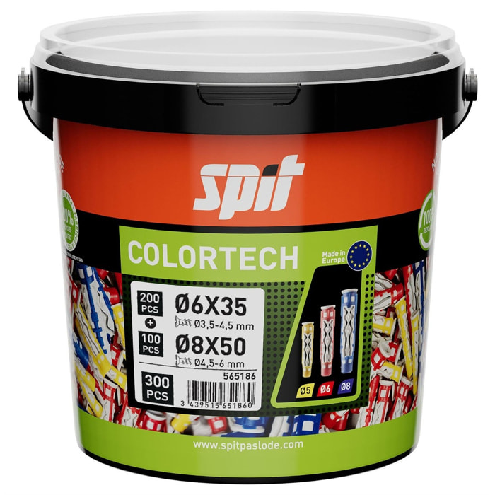 Cheville bi-matière universelle Colortech - 6 x 35 mm + 8 x 50 mm - Sans vis - Seau de 300 pièces - SPIT - 565186