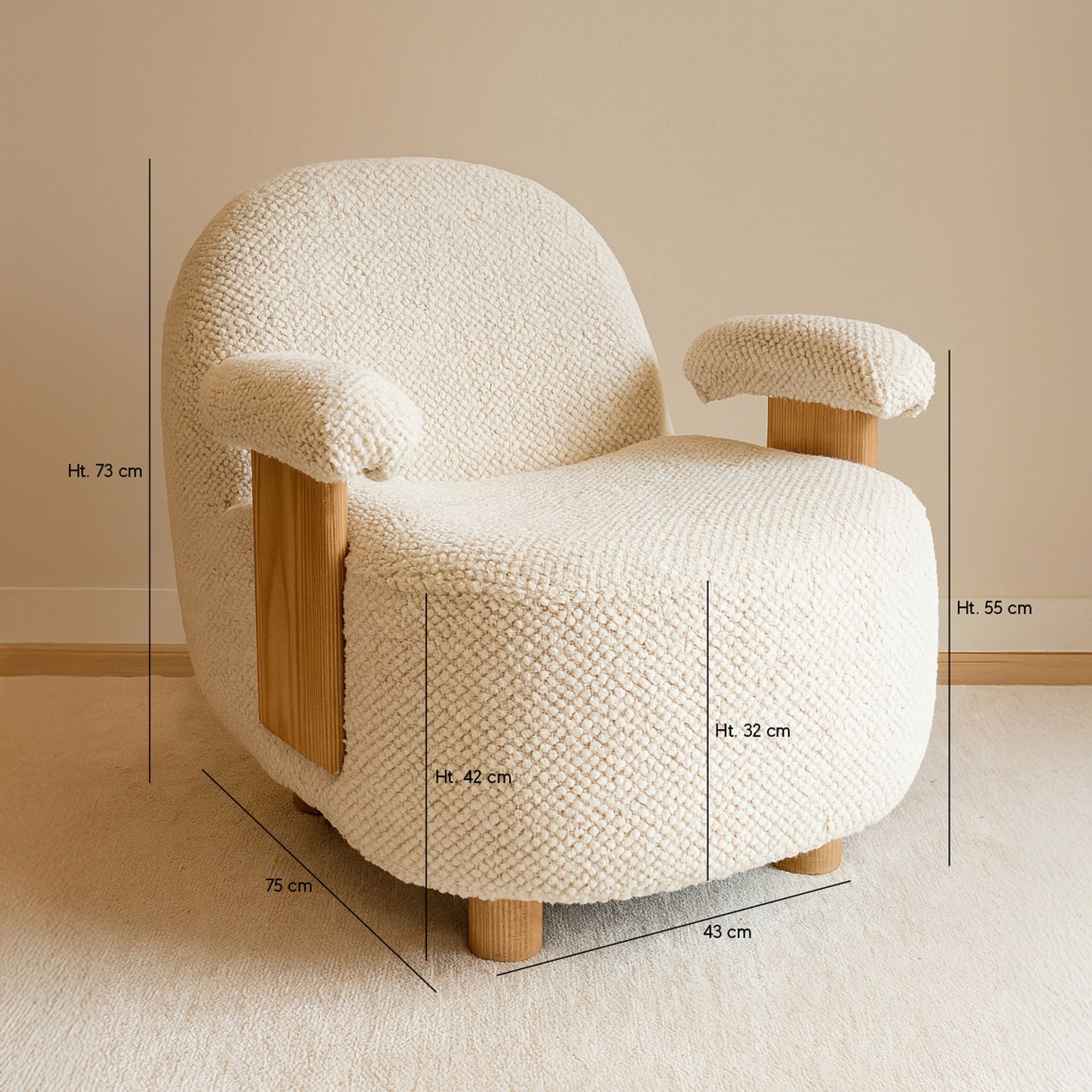 Fauteuil en bouclette écru et structure en bois ULYSSE