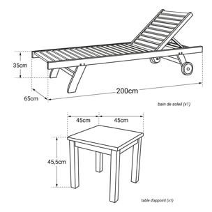 Ensemble bain de soleil droit en teck avec table d'appoint JAVA