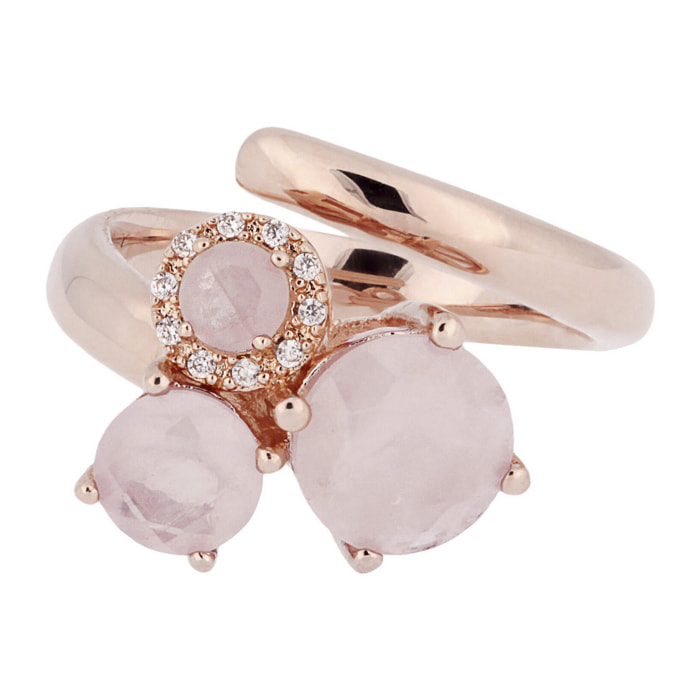 Anello Trilogy Placcato Oro Rosa 18kt con Quarzo Rosa e Cubic Zirconia