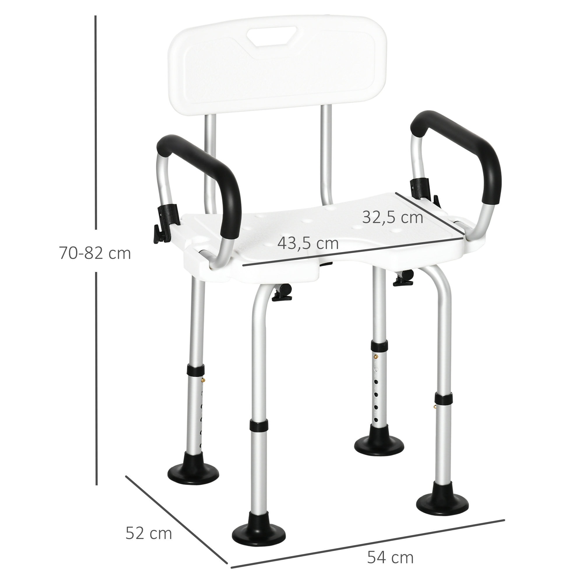 Chaise de douche siège de douche ergonomique hauteur réglable pieds antidérapants accoudoirs alu HDPE blanc noir