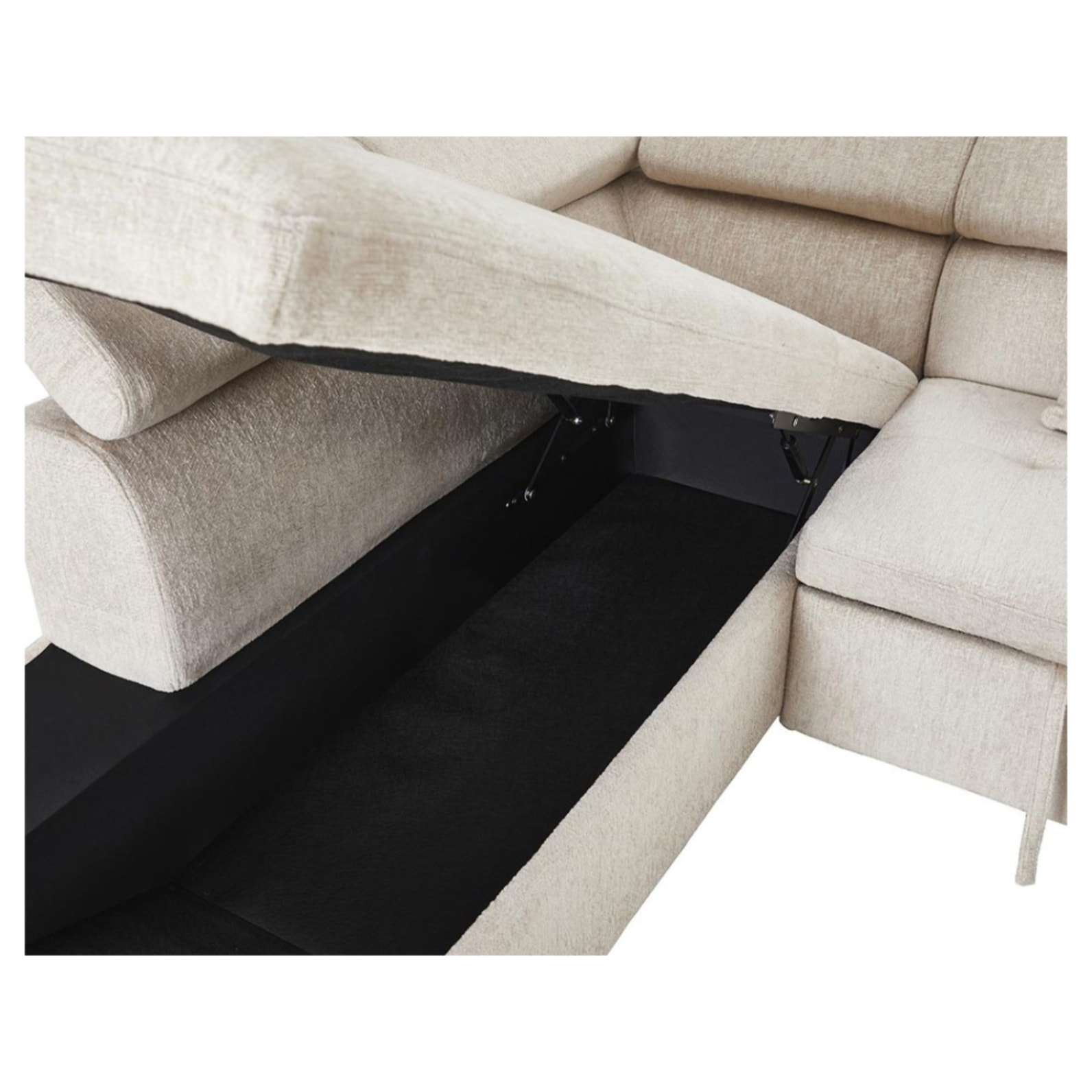 Margaux - Canapé d'angle gauche 5 places convertible avec coffre et têtières réglables en velours texturé - Beige