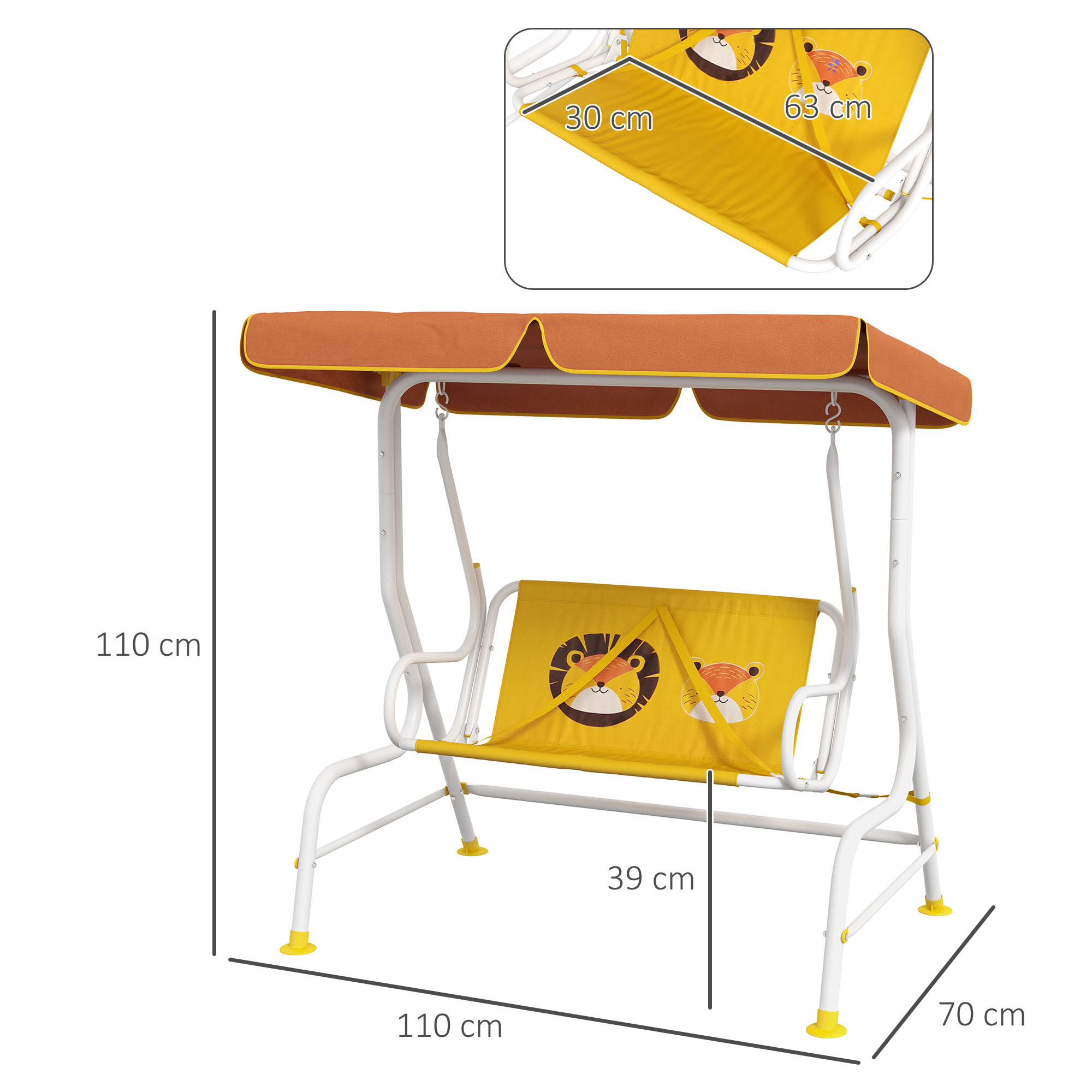 Balancín de Jardín Exterior Columpio de Jardín Infantil de 2 Plazas con Patrón de León Toldo Ajustable en Ángulo Carga 60 kg 110x70x110 cm Amarillo