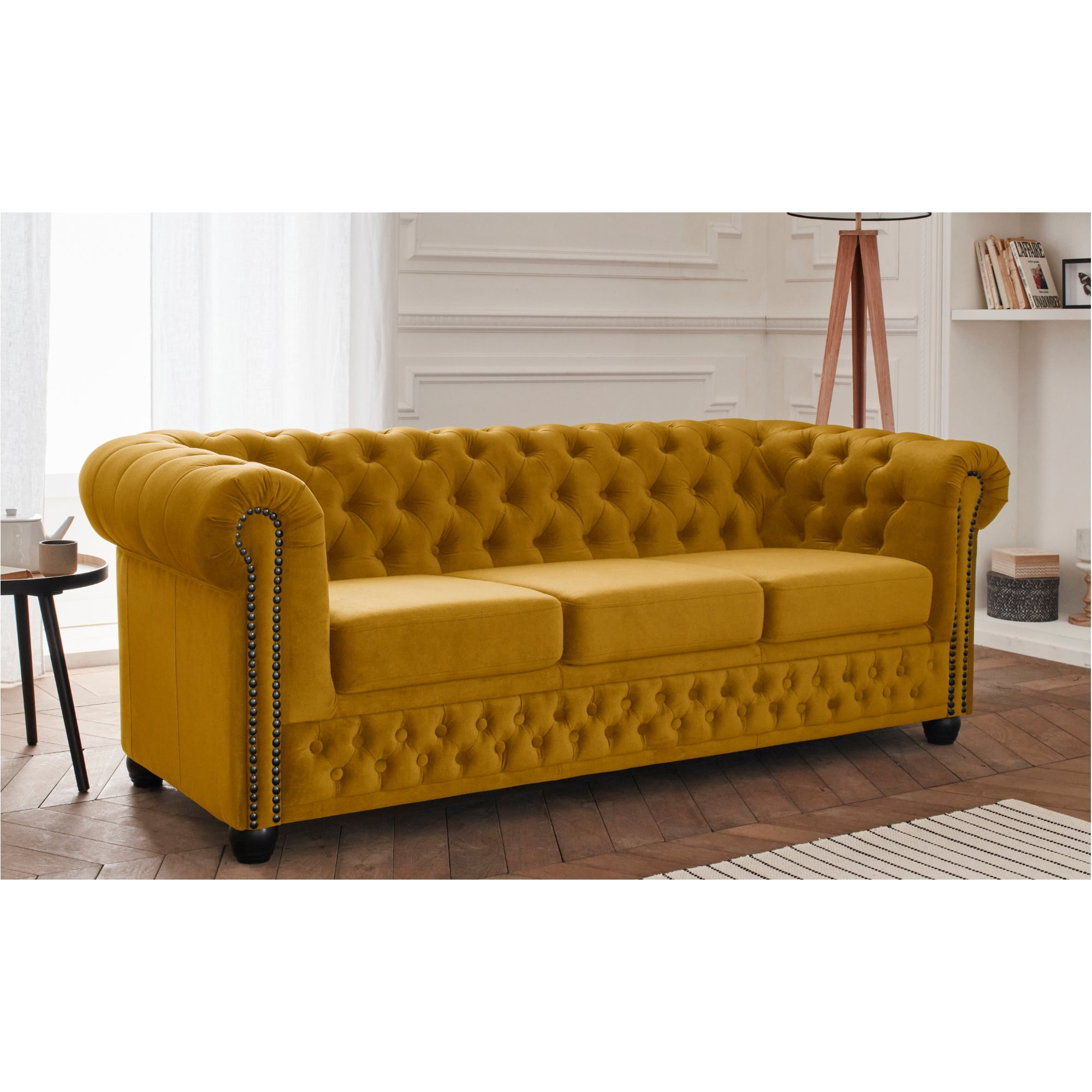 William - canapé Chesterfield - 3 places - en velours - Jaune