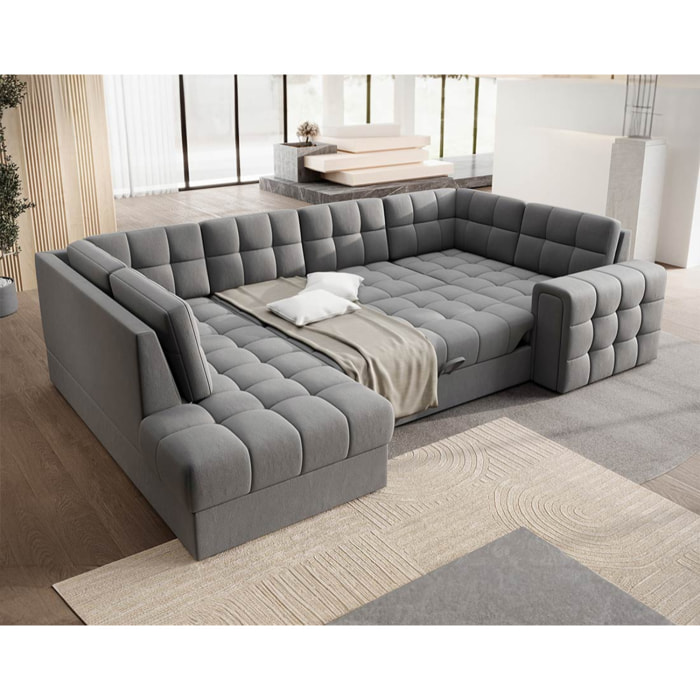Nappa - Canapé panoramique d'angle droit 7 places convertible avec coffre en velours - Gris clair
