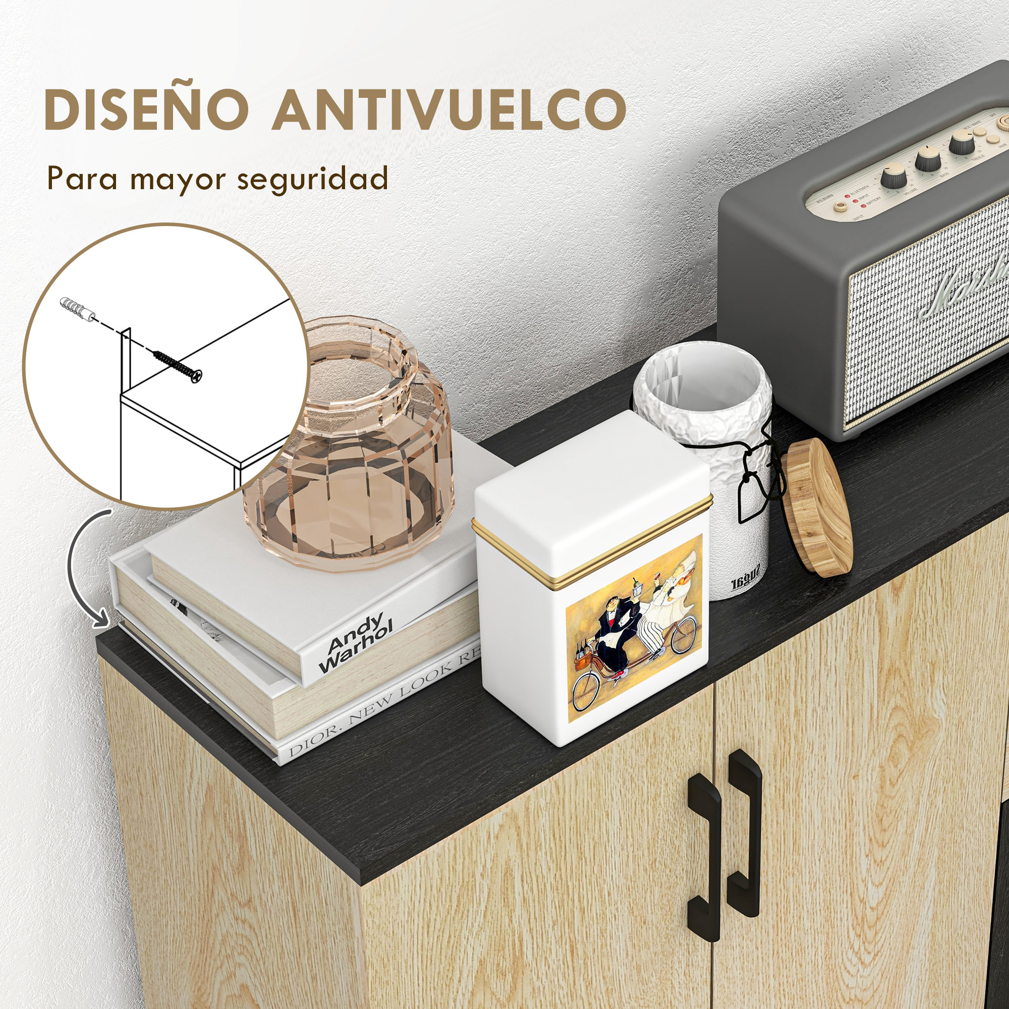 Aparador de 2 Puertas, Aparador de Salón Estrecho con 2 Cajones, Armario de Cocina con Estante Ajustable, para Entrada, Dormitorio, 90x30x75,5 cm, Natural y Negro