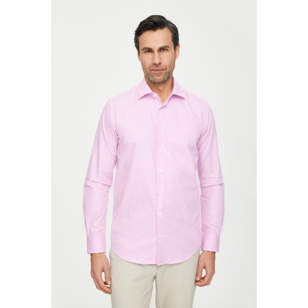 Camicia Uomo 1 Bottone Francese Slim Cotone Riga Stretta Rosa Fucsia/Bianco