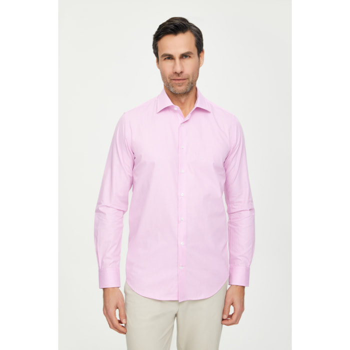 Camicia Uomo 1 Bottone Francese Slim Cotone Riga Stretta Rosa Fucsia/Bianco