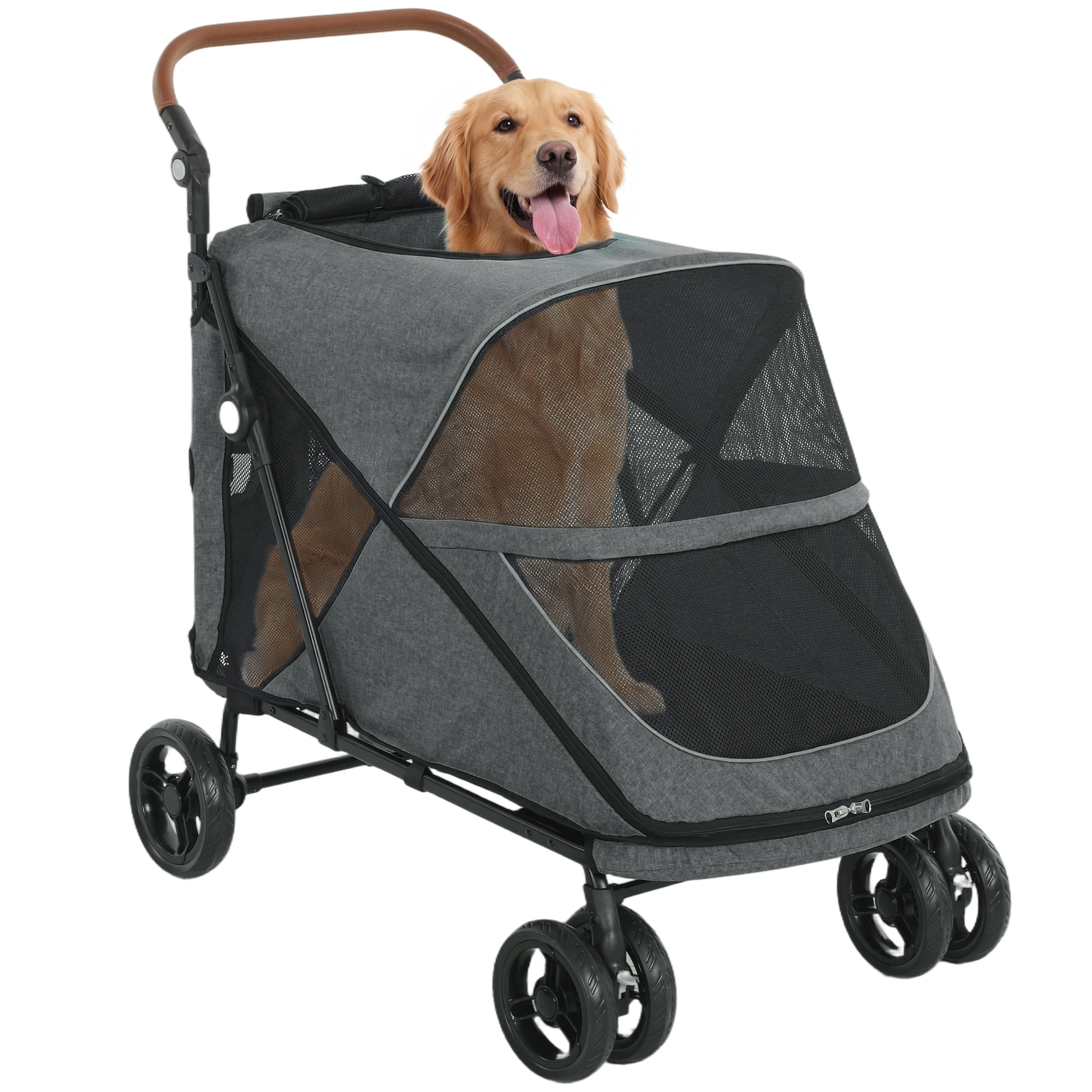 Carrito para Perros y Gatos Grande Plegable con un Botón hasta 30 kg, Cochecito para Perros Medianos y Grandes, Suspensión 4 Ruedas, Giratorio, Freno de Pie, Cojín Lavable, Gris