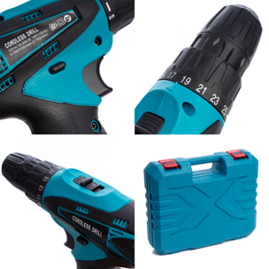 Taladro eléctrico inalámbrico 12V con doble velocidad, maletín de transporte y 24 accesorios. DOBLE BATERIA 2600mah.