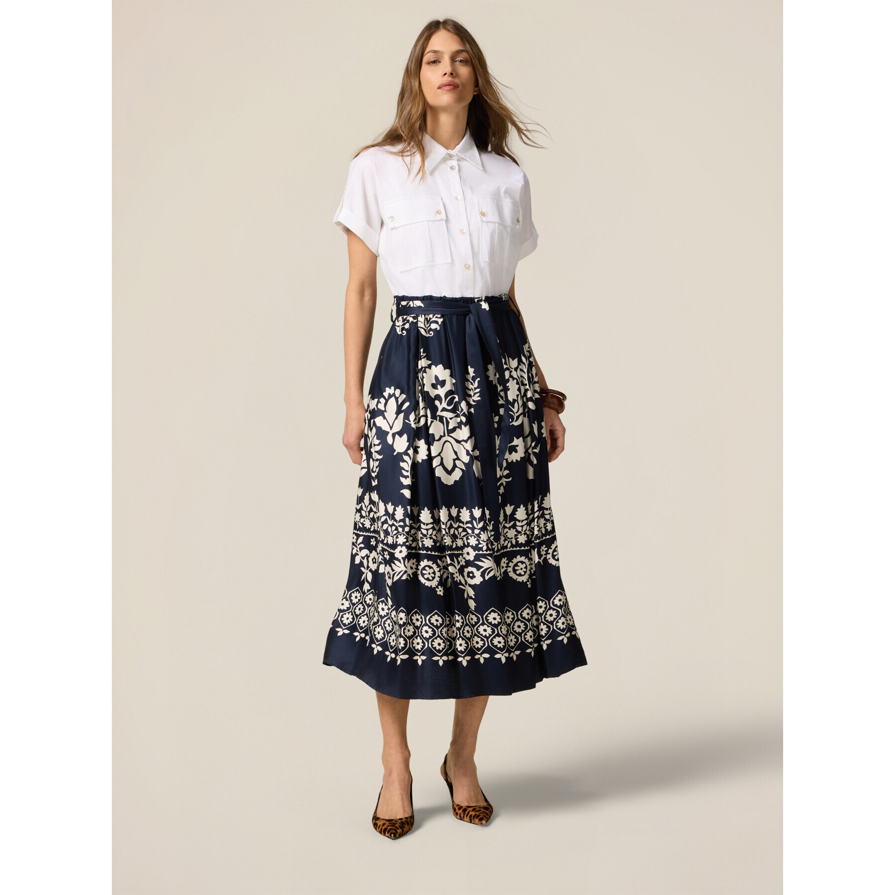 Oltre - Vestido camisero con falda estampada - Azul