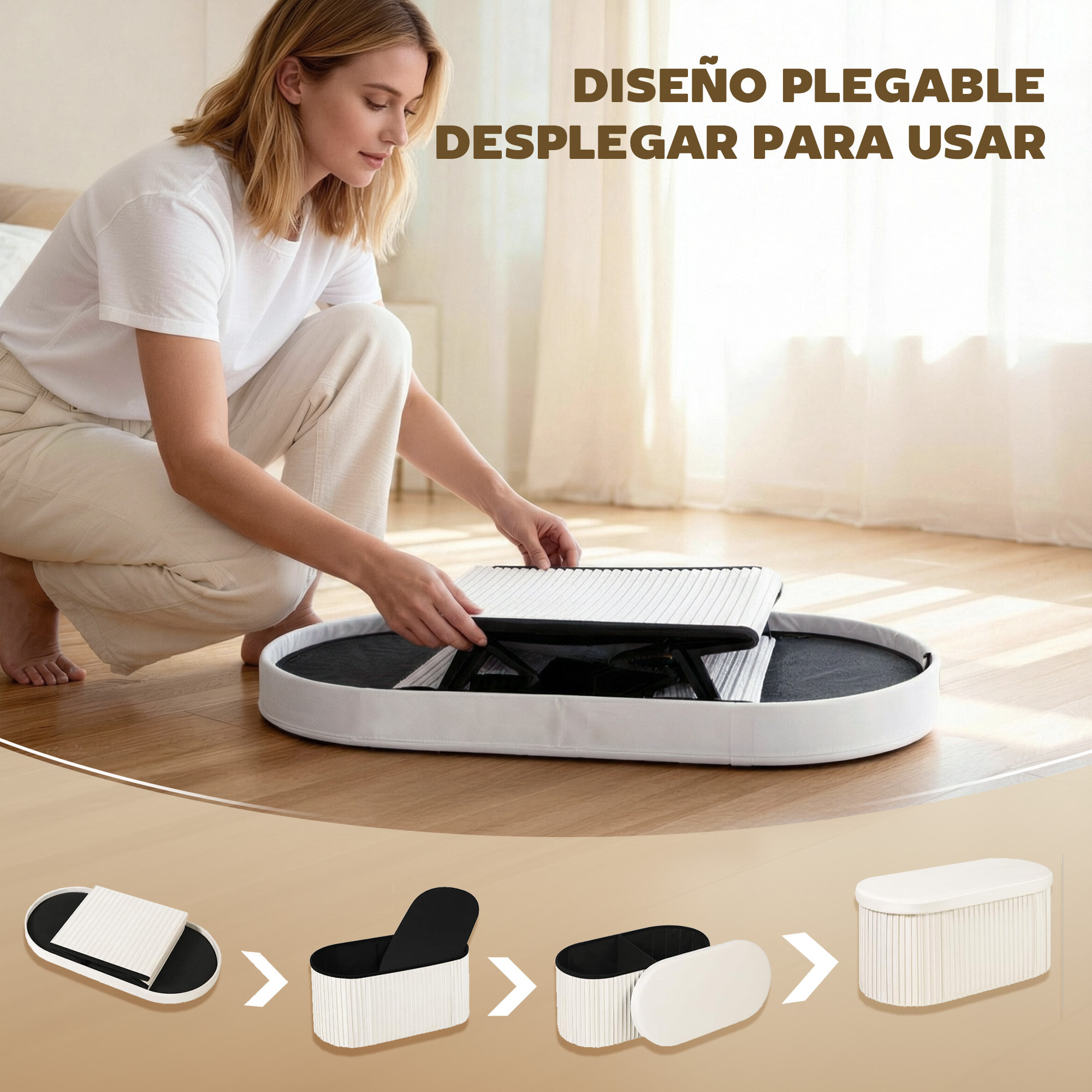 Puff Almacenaje, Banco Almacenaje Plegable, 72 L, 76x38x35 cm, Tapizado en Terciopelo, Baúl de Almacenamiento, Carga 120 kg, Taburete para Sala de Estar, Dormitorio, Entrada, Crema