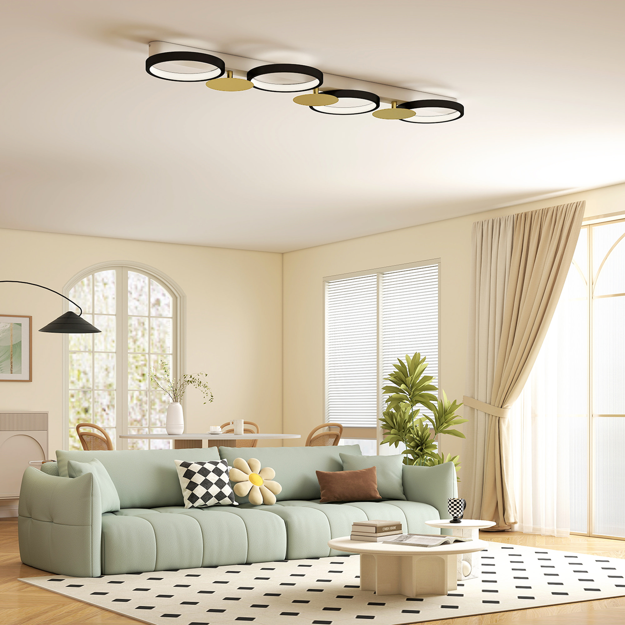Lámpara de Techo Regulable con 4 Focos, Plafón LED de Techo con Mando a Distancia, Modos de Escena, 1500 lm, 38 W, 3000 K-6500 K, para Salón, Dormitorio, Oficina, Negro y Dorado