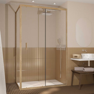 Porte de Douche Coulissante et Retour 120x80x200cm - Profilés Alu Effet Bois - Verre Trempé 6mm