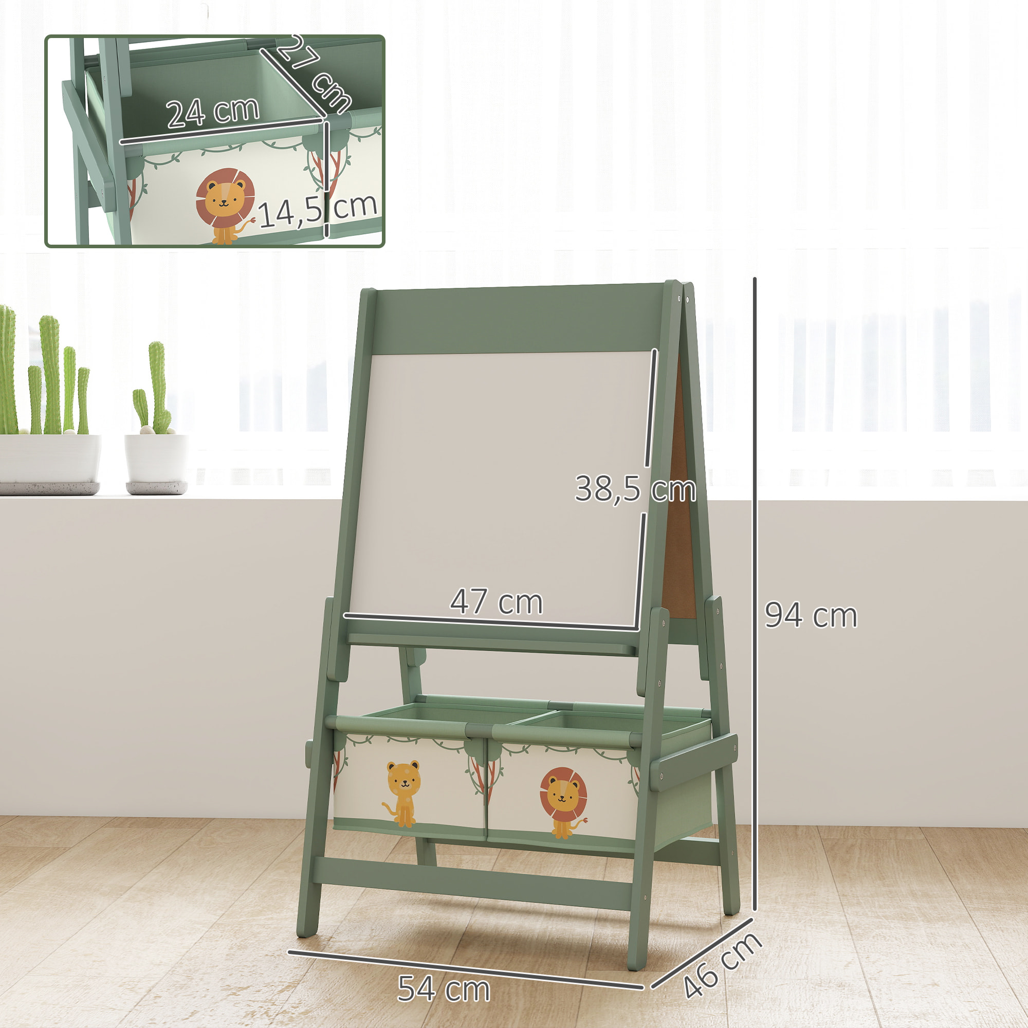 Tableau chevalet enfant - tableau blanc, tableau à craie, rouleau papier 3 en 1 - paniers rangement intégrés - MDF pin vert