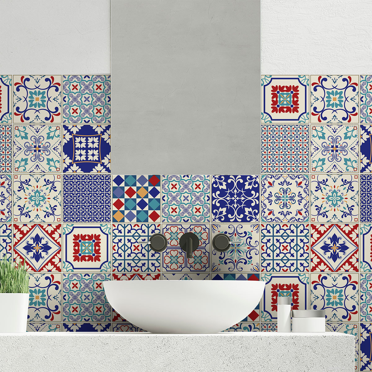 Stickers muraux - Sticker Mural Carrelage adhésif Cuisine Salle de Bain - 24 STICKERS CARREAUX DE CIMENT AZULEJOS SOFIANA