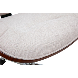 Chaise de bureau à roulettes design en tissu effet velours texturé beige, bois foncé et acier chromé YORKE