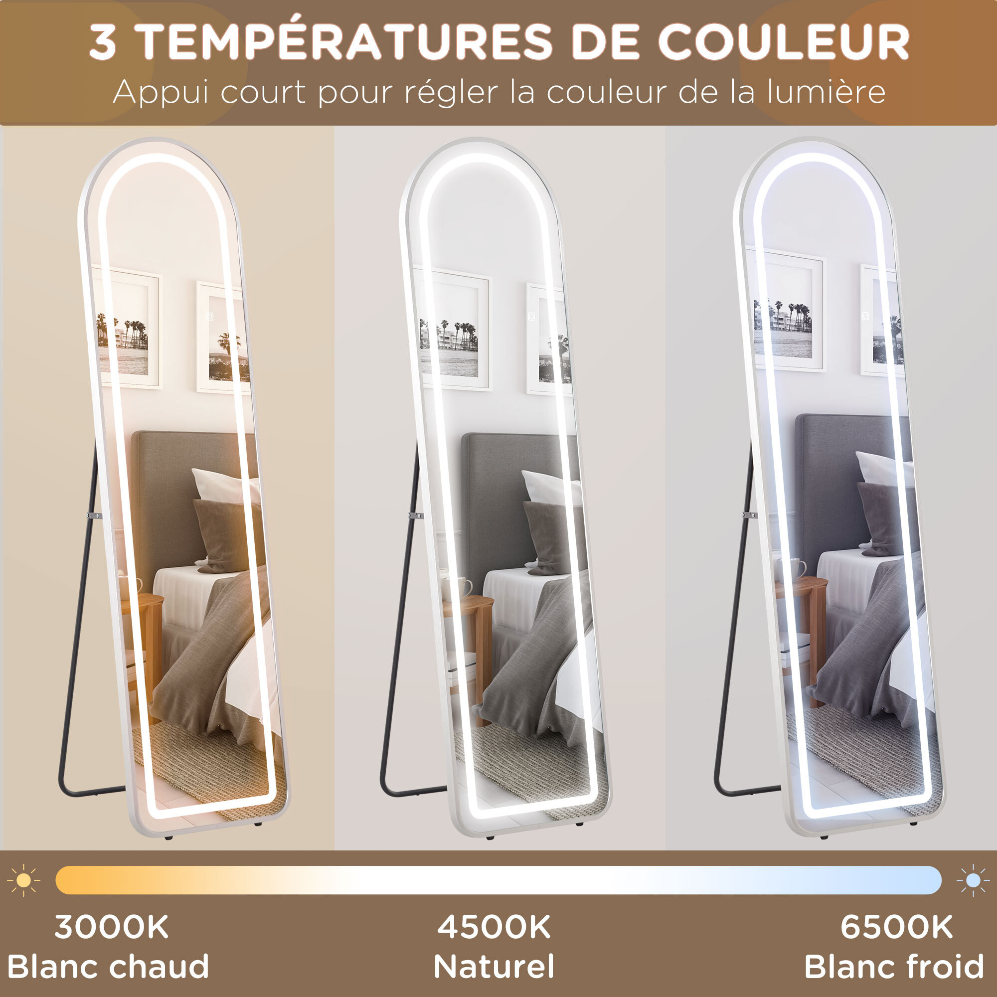 Miroir sur pied arqué - miroir lumineux LED réglable tactile dim. 40L x 150H cm - métal noir alliage alu verre trempé