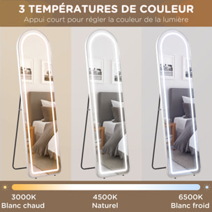 Miroir sur pied arqué - miroir lumineux LED réglable tactile dim. 40L x 150H cm - métal noir alliage alu verre trempé