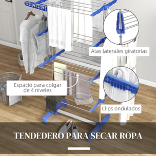 Tendedero Vertical Plegable Tendedero de Ropa con 6 Ruedas 2 Laterales Abatibles Estantes Ajustables y Marco de Acero Inoxidable para Interior y Exterior Azul