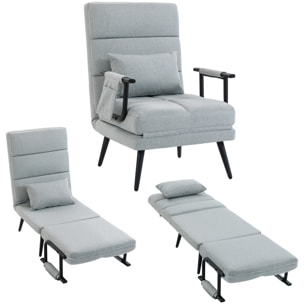 Sofá Cama 1 Plaza Convertible, 3 en 1, Sillón Cama Plegable, Tapizado en Lino, Respaldo Ajustable, Almohada con Funda Lavable, para Salón, Dormitorio, 67x73x96 cm, Gris Claro
