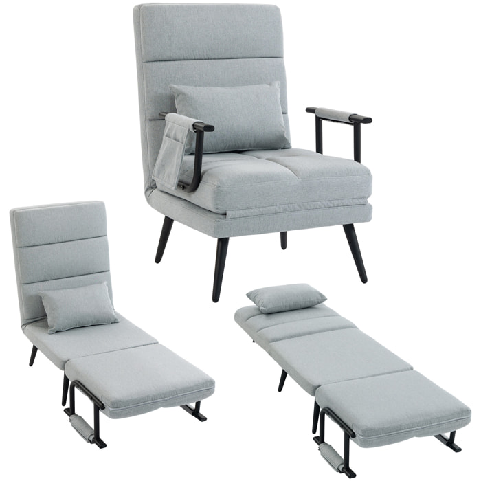 Sofá Cama 1 Plaza Convertible, 3 en 1, Sillón Cama Plegable, Tapizado en Lino, Respaldo Ajustable, Almohada con Funda Lavable, para Salón, Dormitorio, 67x73x96 cm, Gris Claro