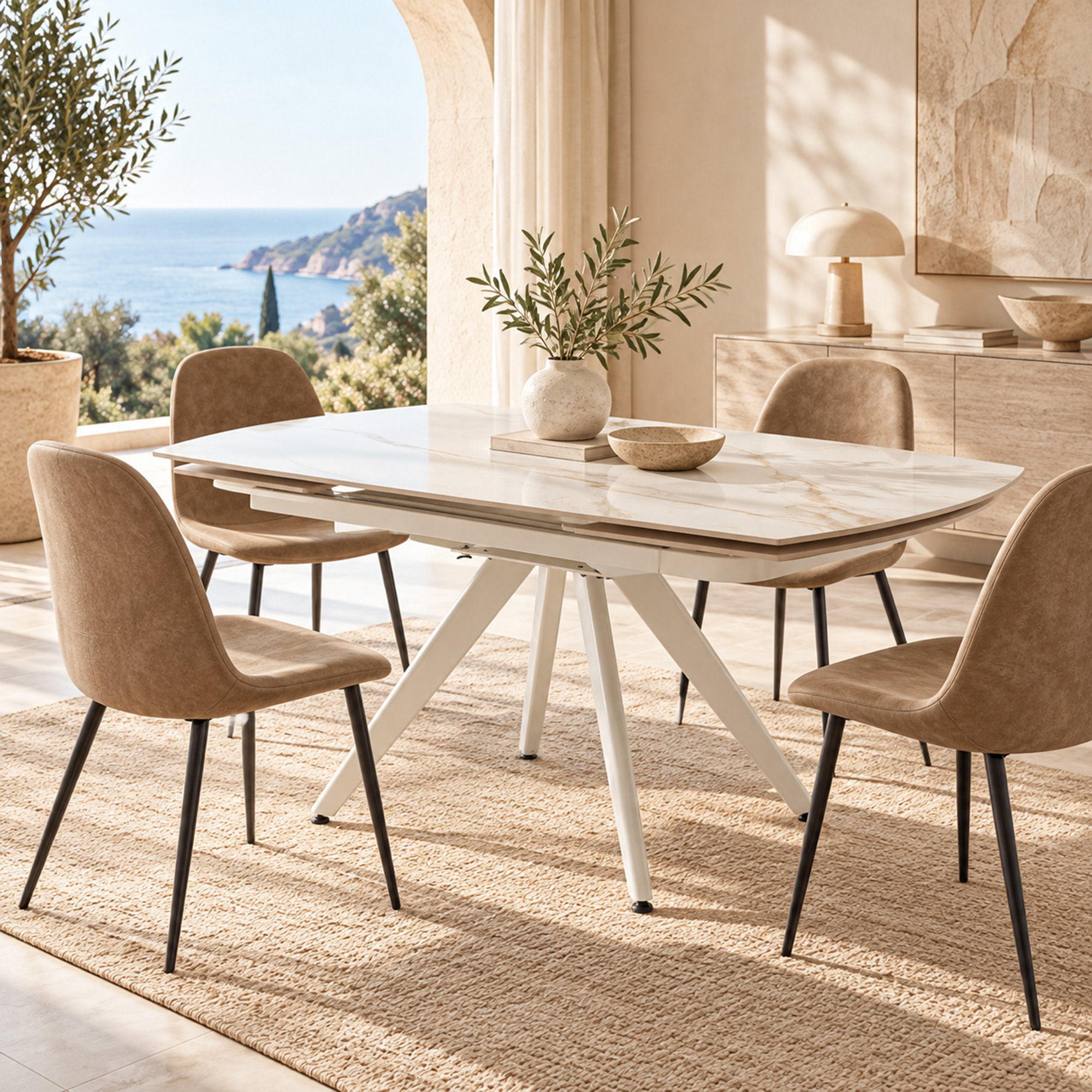 Tavolo allungabile LAVEZZI in ceramica, finitura calacatta oro lucida e gambe in metallo bianche - 120×80x78 – 180×80x75 cm