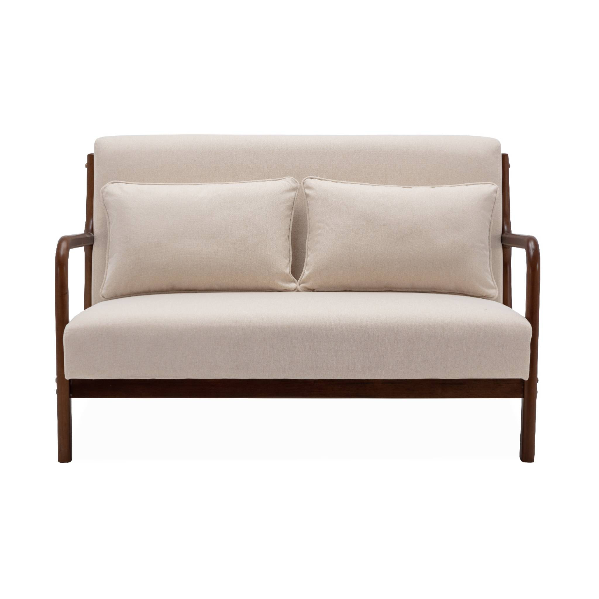 Banquette 2 places tissu beige. pieds bois d'hévéa teinté noyer clair. droit fixe. pieds compas scandinave