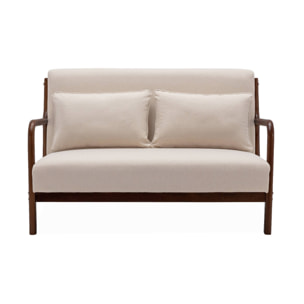 Banquette 2 places tissu beige. pieds bois d'hévéa teinté noyer clair. droit fixe. pieds compas scandinave