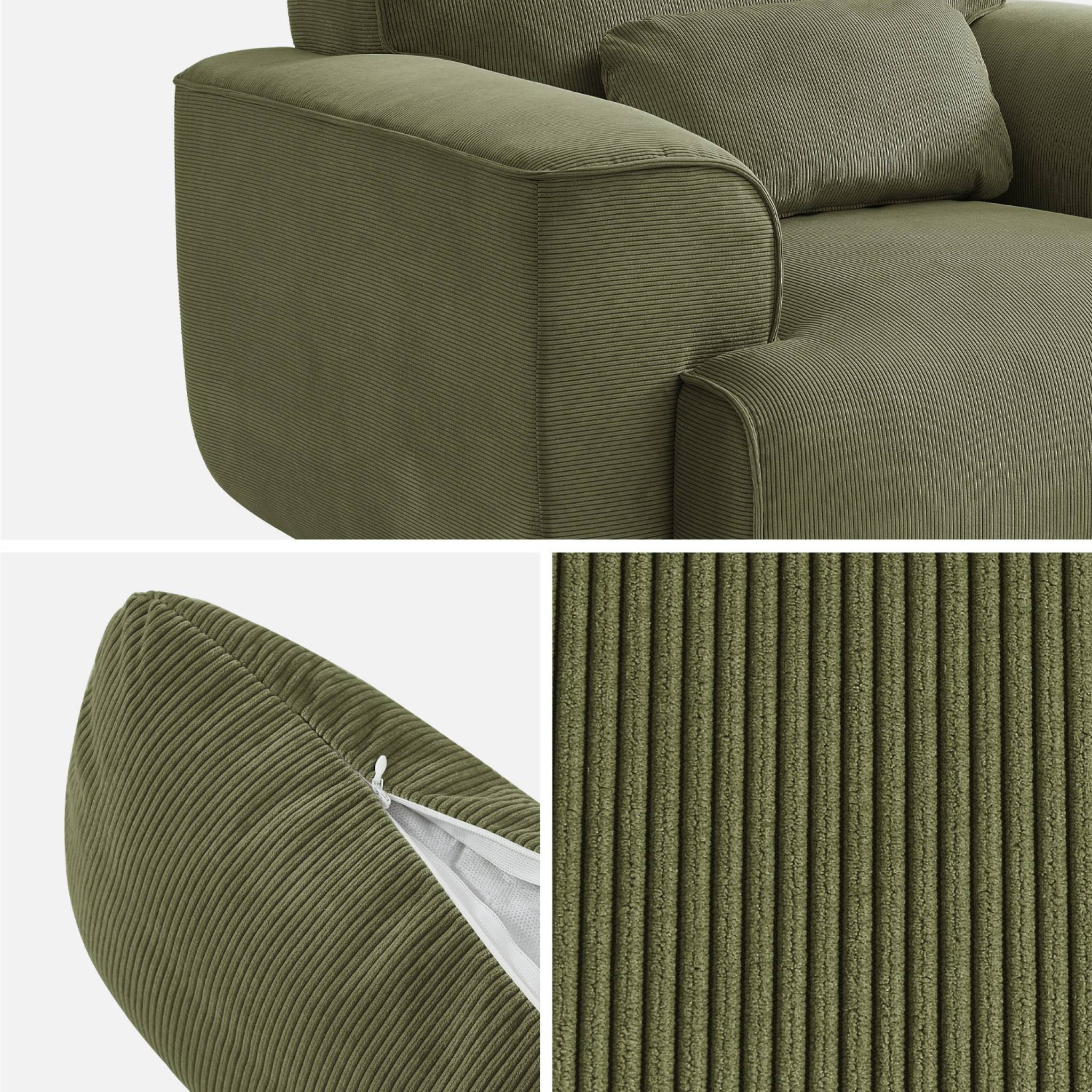 Fauteuil velours côtelé vert. lignes arrondies. coussin fourni. Wallas. L 116 x P 97 x H 73cm