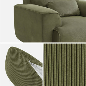 Fauteuil velours côtelé vert. lignes arrondies. coussin fourni. Wallas. L 116 x P 97 x H 73cm