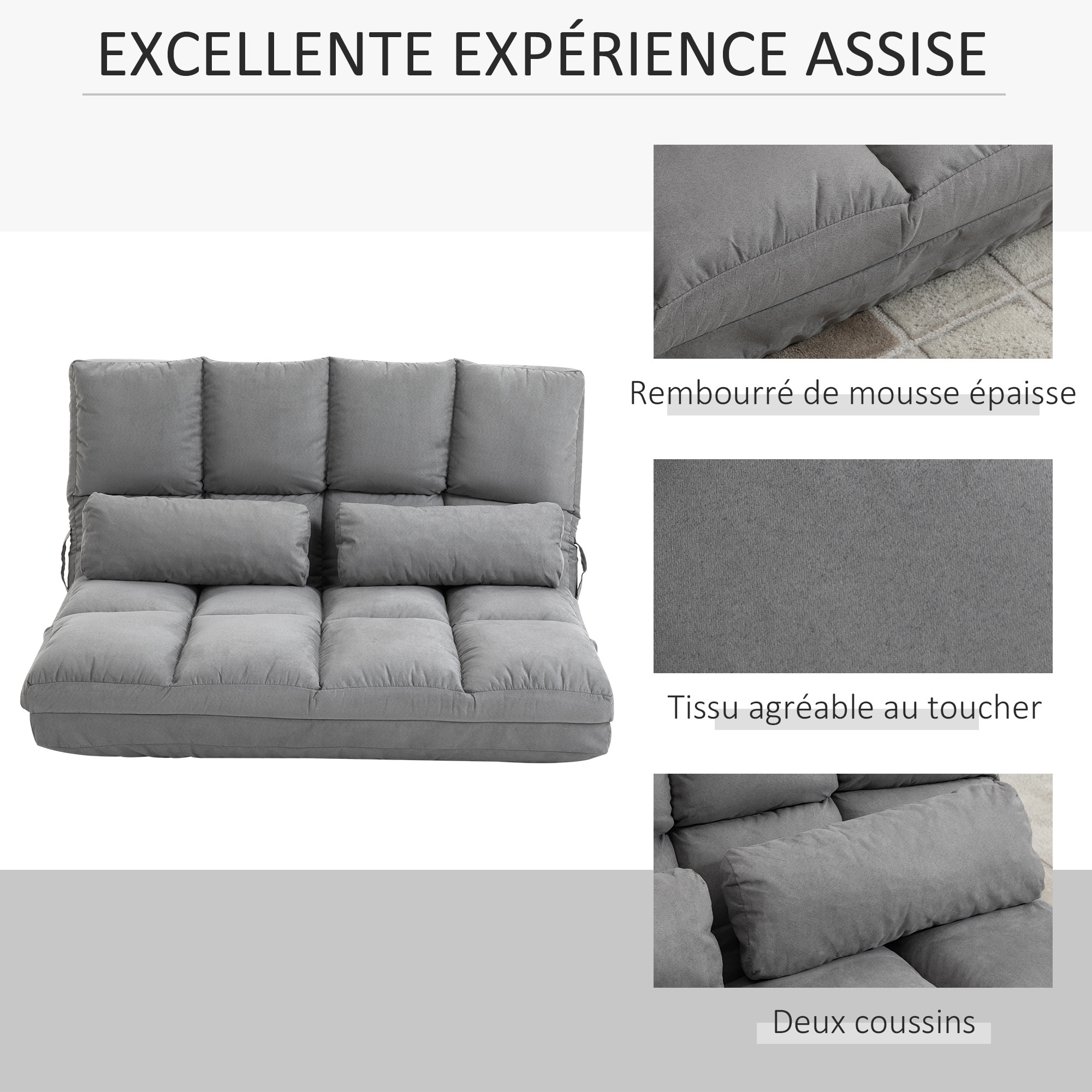 Chauffeuse - matelas d'appoint pliant - fauteuil convertible - inclinaison dossier réglable 14 positions - 2 coussins inclus - polyester aspect suédé gris