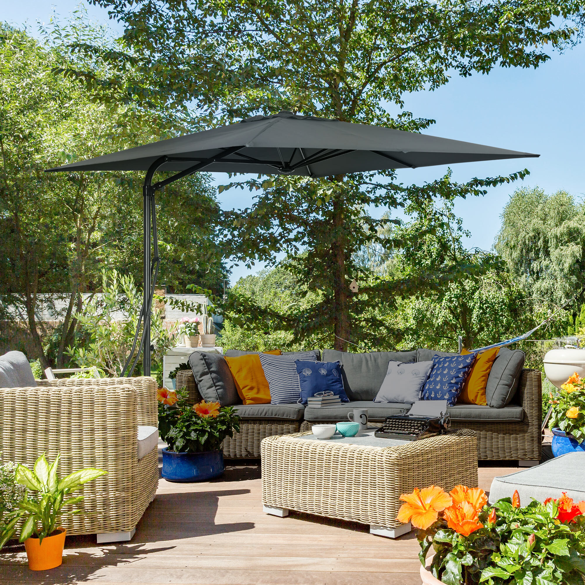 Parasol déporté carré dim. 2,5 x 2,5 m piètement inclus métal époxy polyester haute densité anthracite
