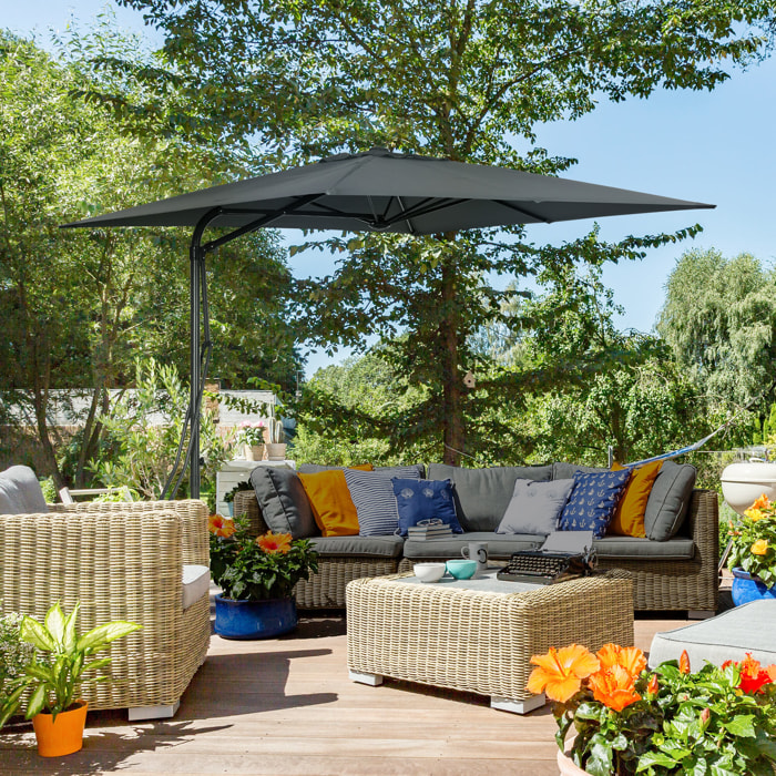 Parasol déporté carré dim. 2,5 x 2,5 m piètement inclus métal époxy polyester haute densité anthracite