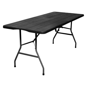 Mesa plegable multifuncional 180 x 74 x 74 cm, acabado efecto madera en negro, sobre plegable y con asa para su desplazamiento