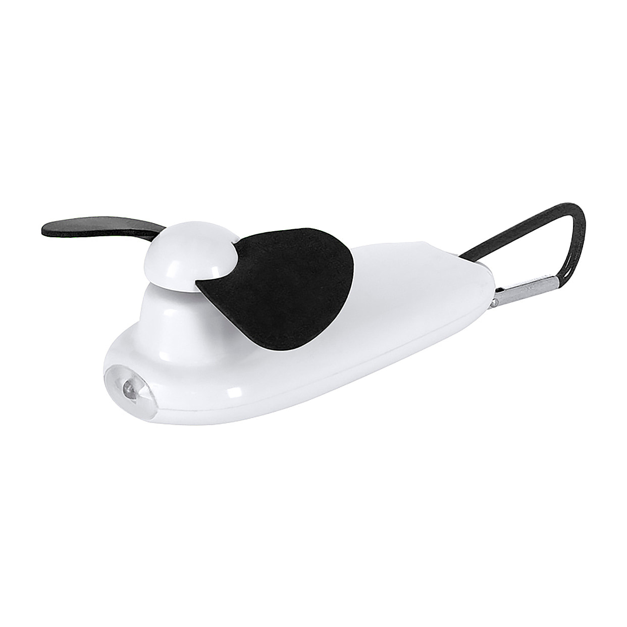 Ventilador portátil con linterna LED integrada y mosquetón para transporte.