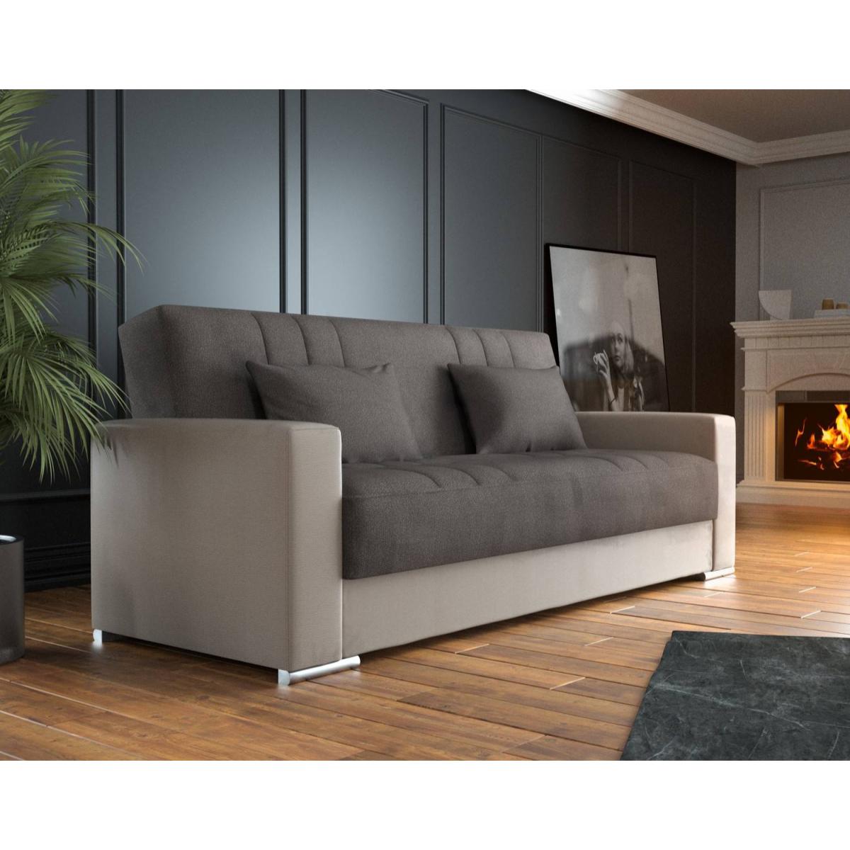 Divano letto Sergio, Divano letto contenitore a 3 posti in ecopelle e tessuto, Sofà da soggiorno con apertura click-clack e 2 cuscini inclusi, 230 x96h101 cm, Beige e Grigio