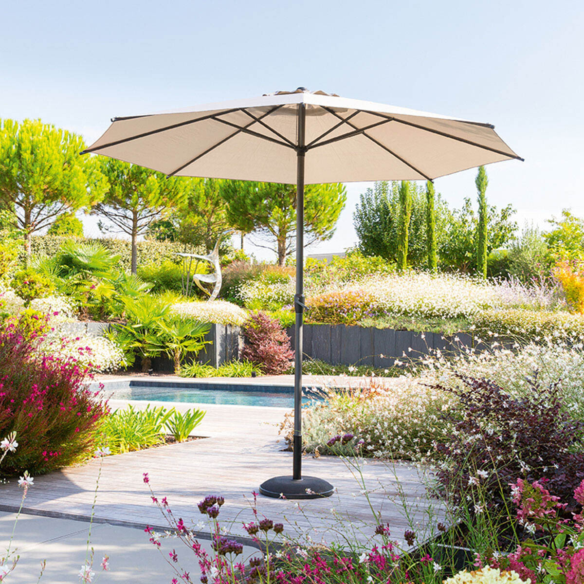 Parasol droit rond "Loompa" taupe 3m en aluminium