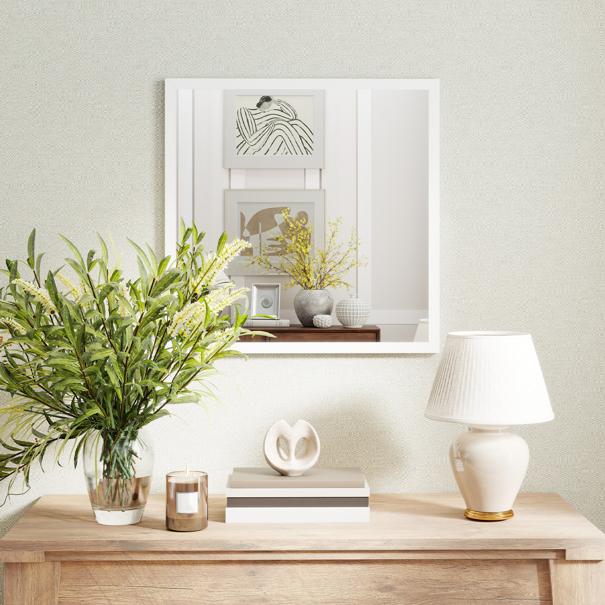 Miroir mural carré dim. 50L x 50H cm cadre bois blanc