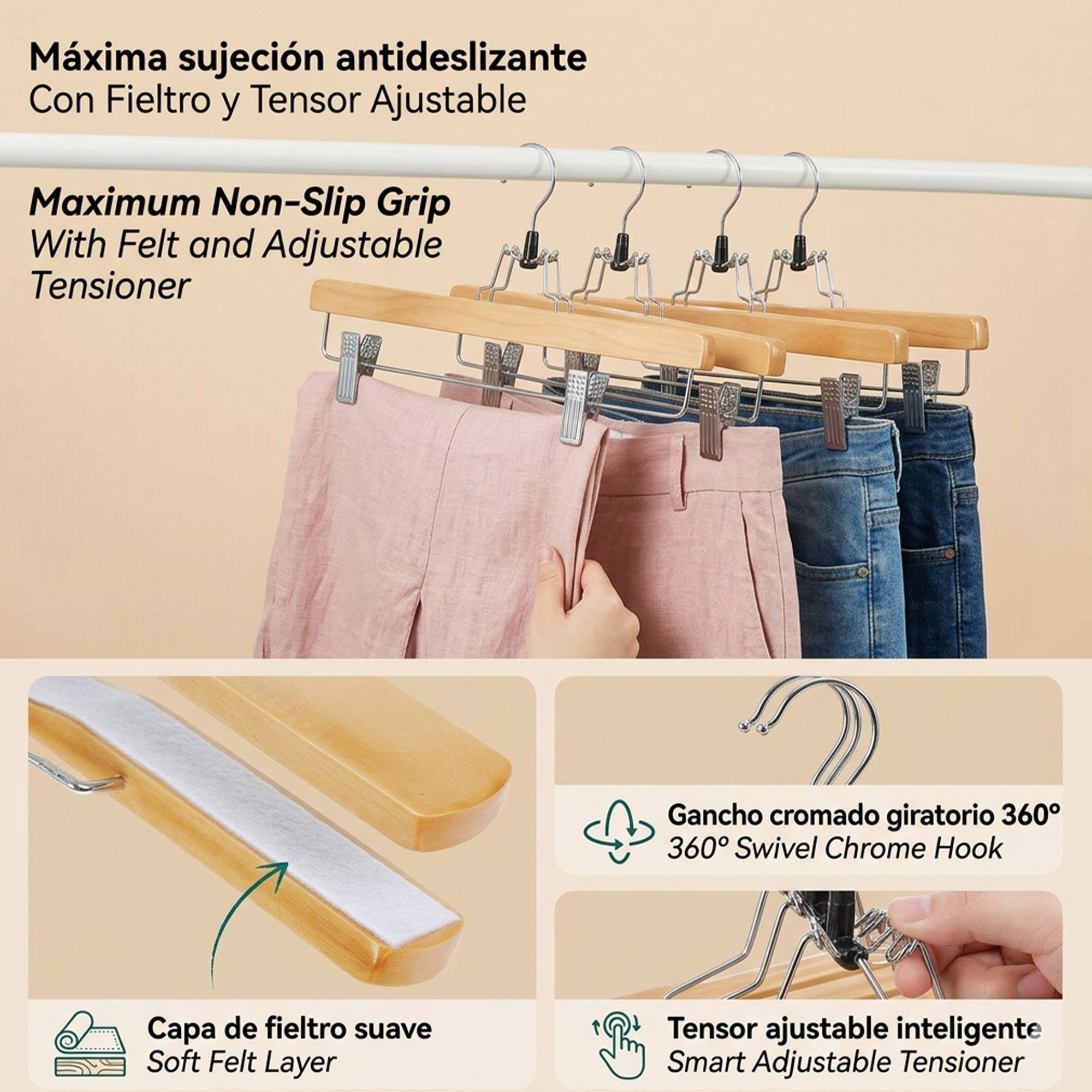 Set de perchas para pantalones - Madera antideslizante con Fieltro y Gancho giratorio