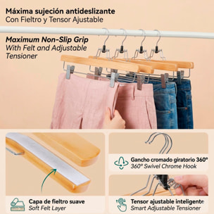 Set de perchas para pantalones - Madera antideslizante con Fieltro y Gancho giratorio