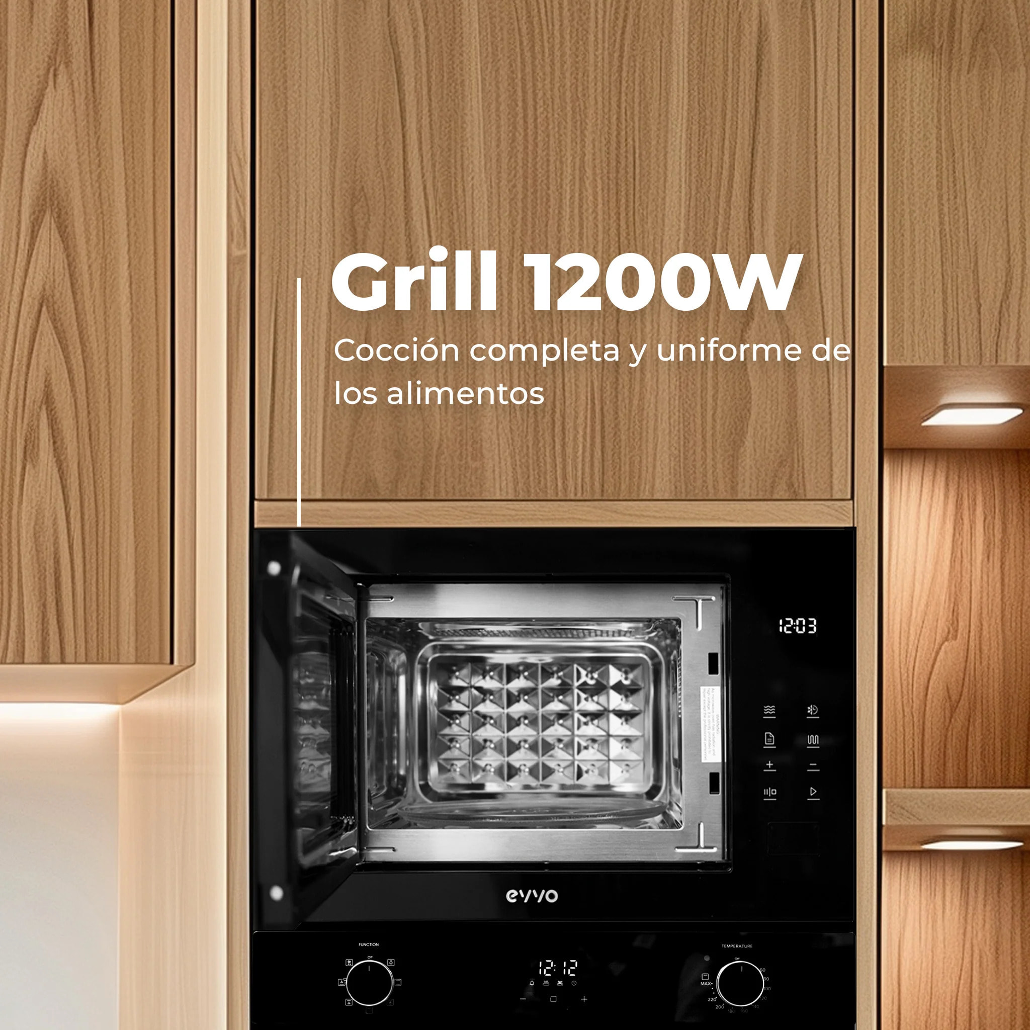 EVVO Microondas integrable Mi45 Glass Black, 25L, grill 1200W, 8 funciones, multifunción, temporizador 60 min, display digital, negro.